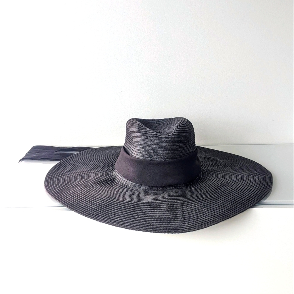 Black Woven Beach Hat with Ties